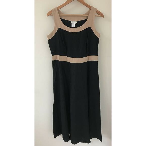 Coldwater Creek Black Tan Linen Rayon Flared Midi Empire Sheath Dress P12